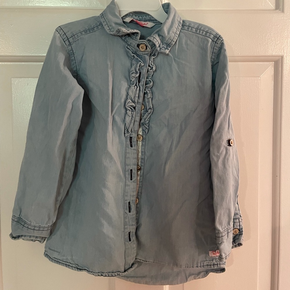 Ruffle butts blue Jean button down shirt